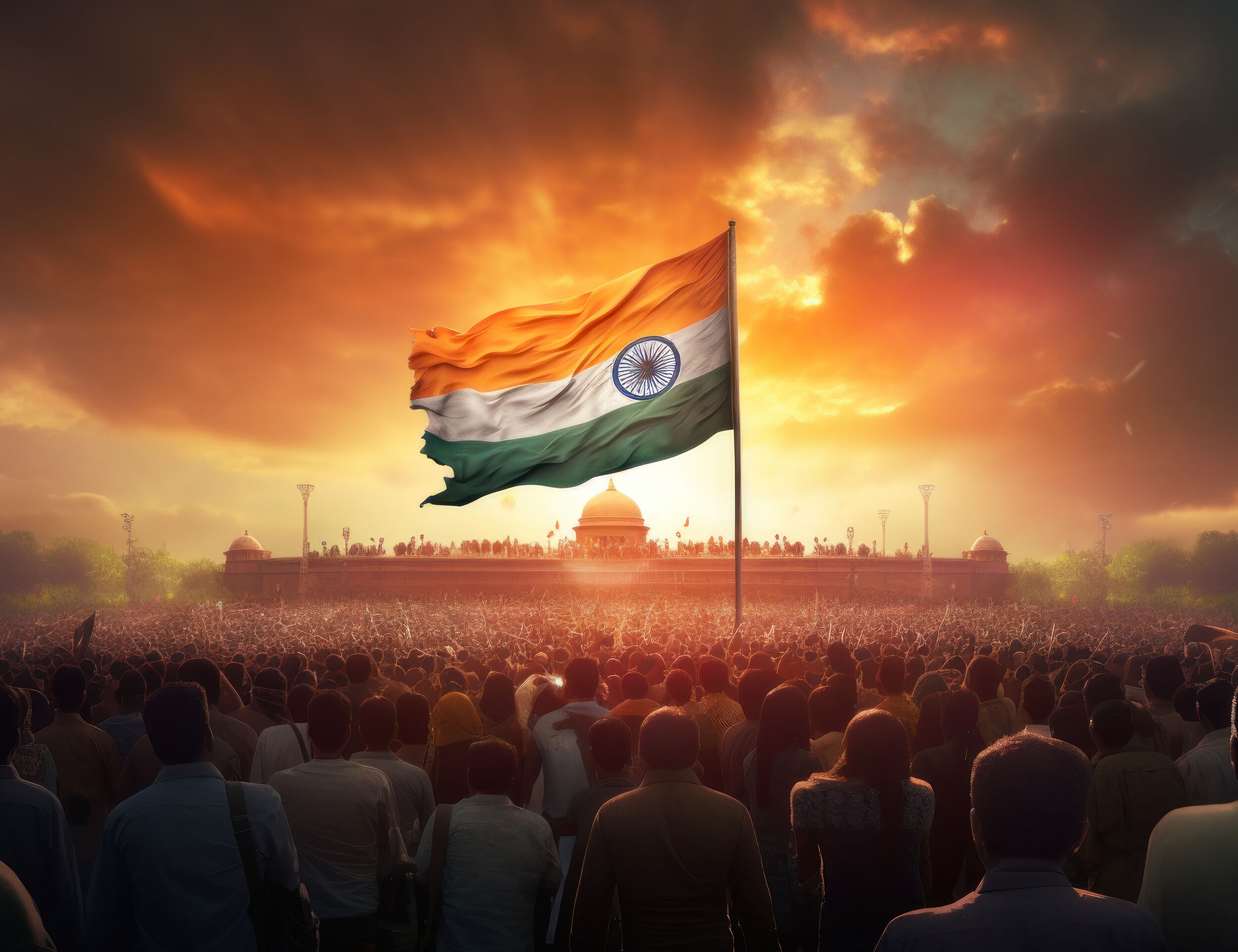 A large crowd gathers at sunset in front of the Rashtrapati Bhavan, with the Indian national flag waving prominently in the wind, symbolizing unity, patriotism, and Independence Day celebrations in India.